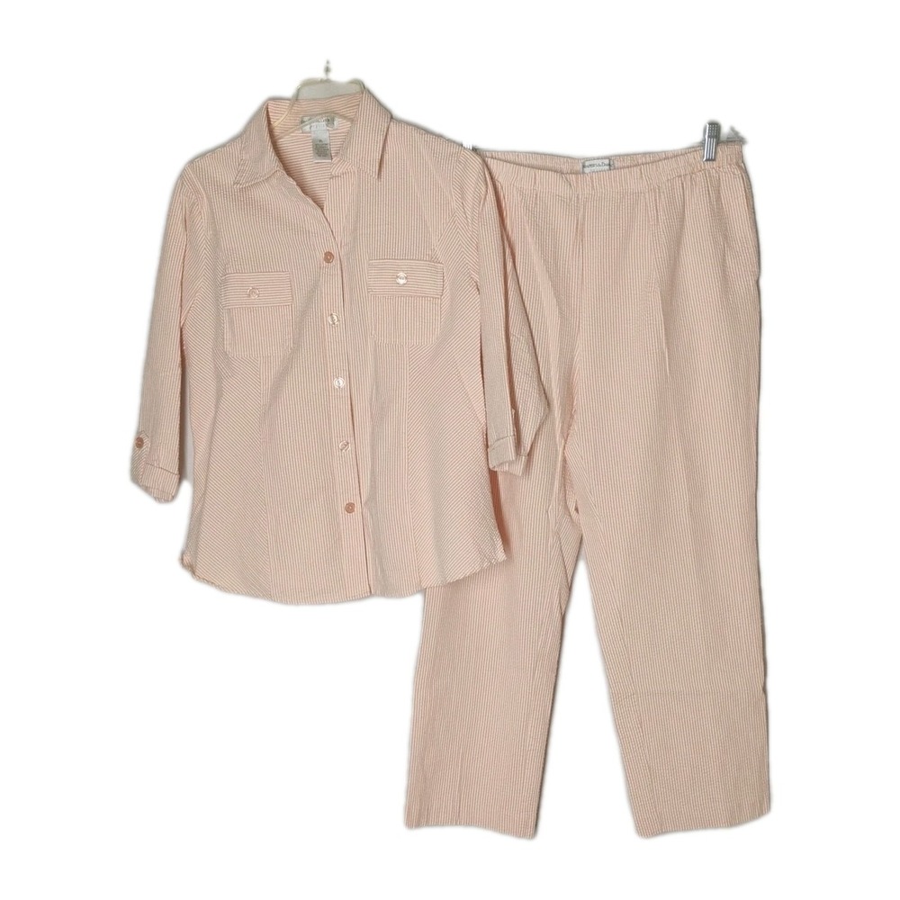 Orange/White striped Women's Button-Up Top and Elastic Waist Pants Set